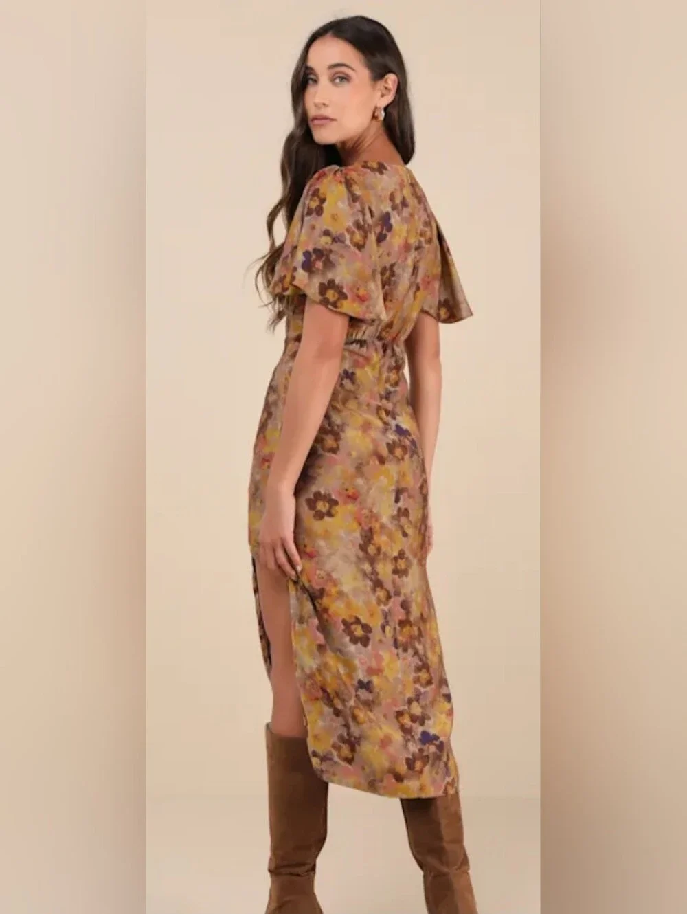 NWT Marvelously Stylish Brown Floral Flutter Sleeve Midi Dress Size M